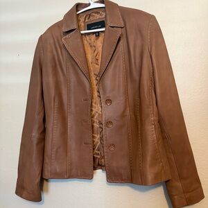 Jones NY Womens Jacket M Brown Genuine Leather Whip Stitch Boho Western Cowgirl